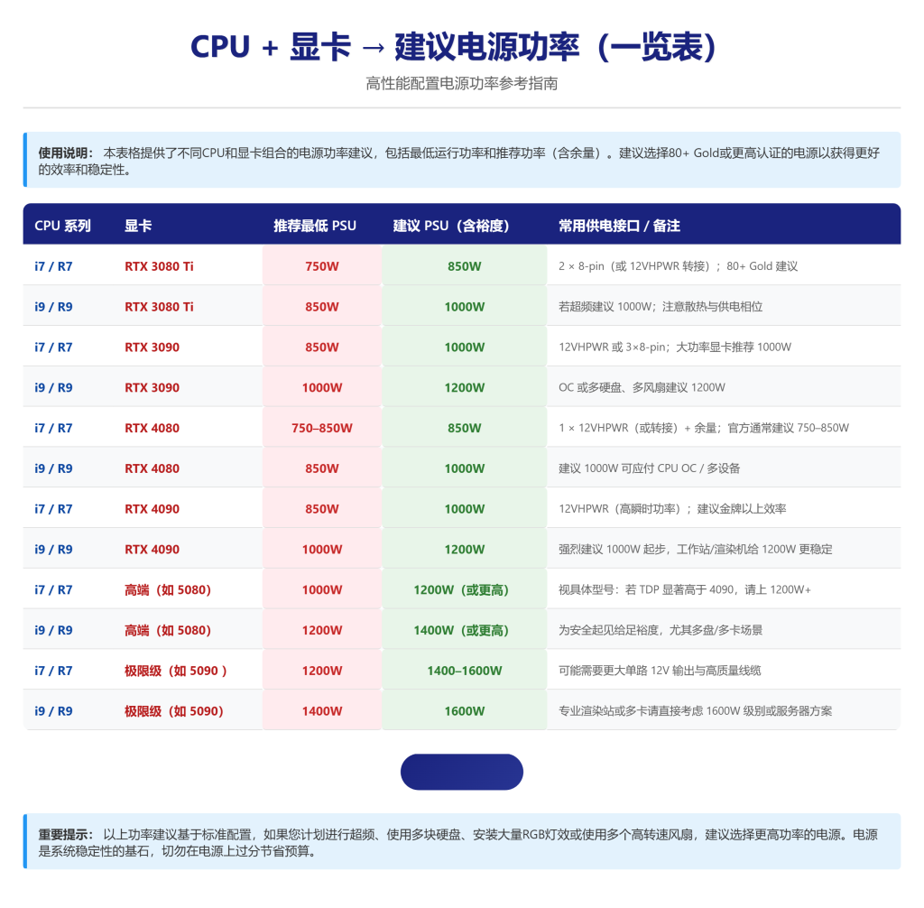 电源功率建议表
